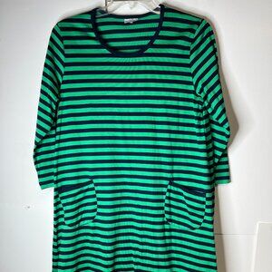 MARIMEKKO Women's XL Navy Green Striped 3/4 Sleeve Tunic Cotton Dress Pockets